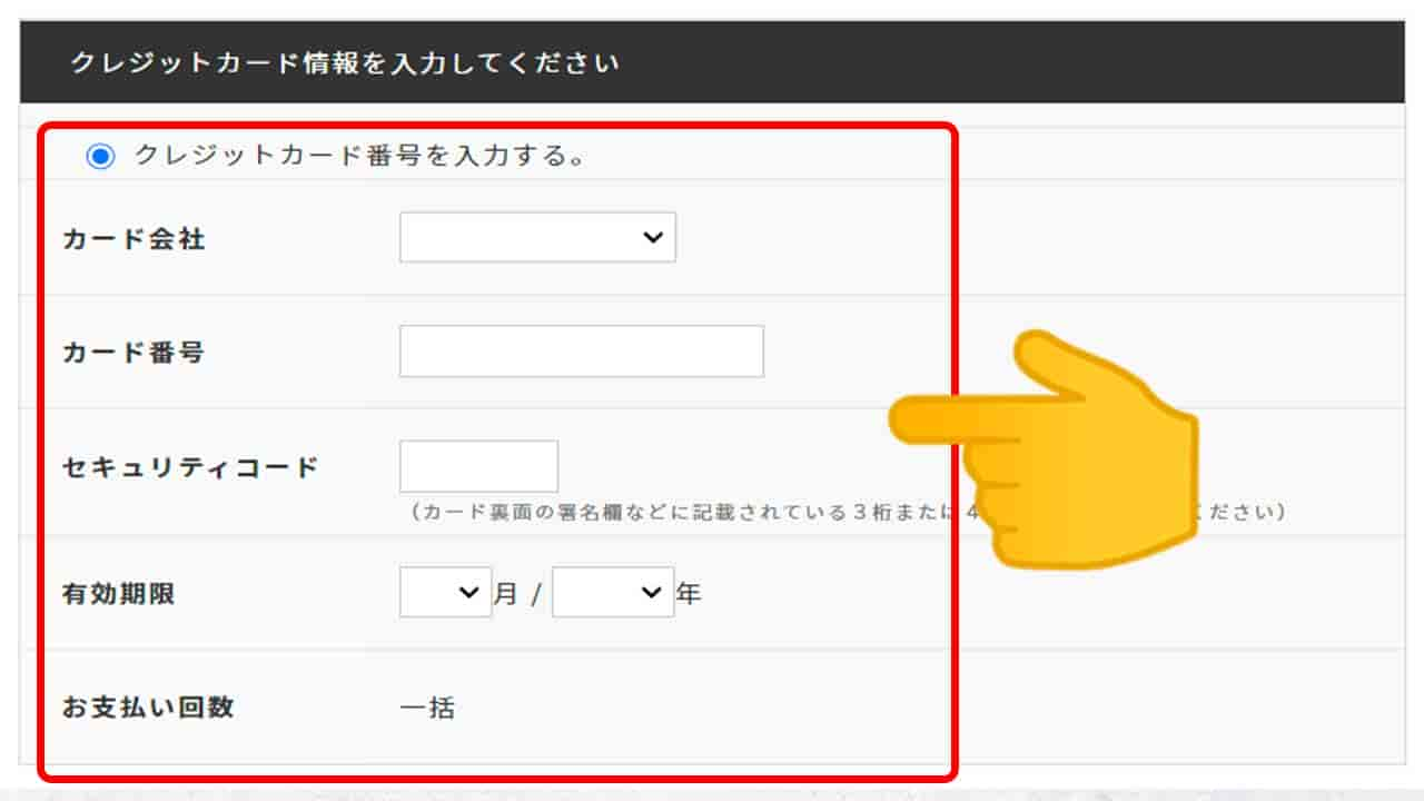 支払い方法で、クレジットカードを選択した場合は、クレジットカード情報入力画面に切り替わりますので、クレジットカード情報を入力してください。