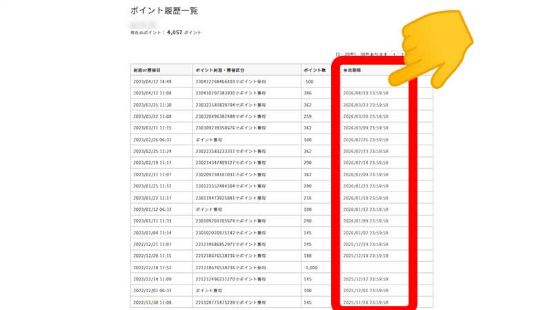 ポイントの有効期限の確認場所